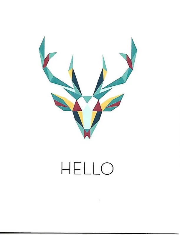 Card featuring colorful low-poly art of a deer mount