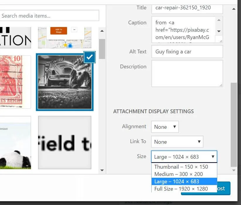 The image size dropdown in the WordPress media uploader
