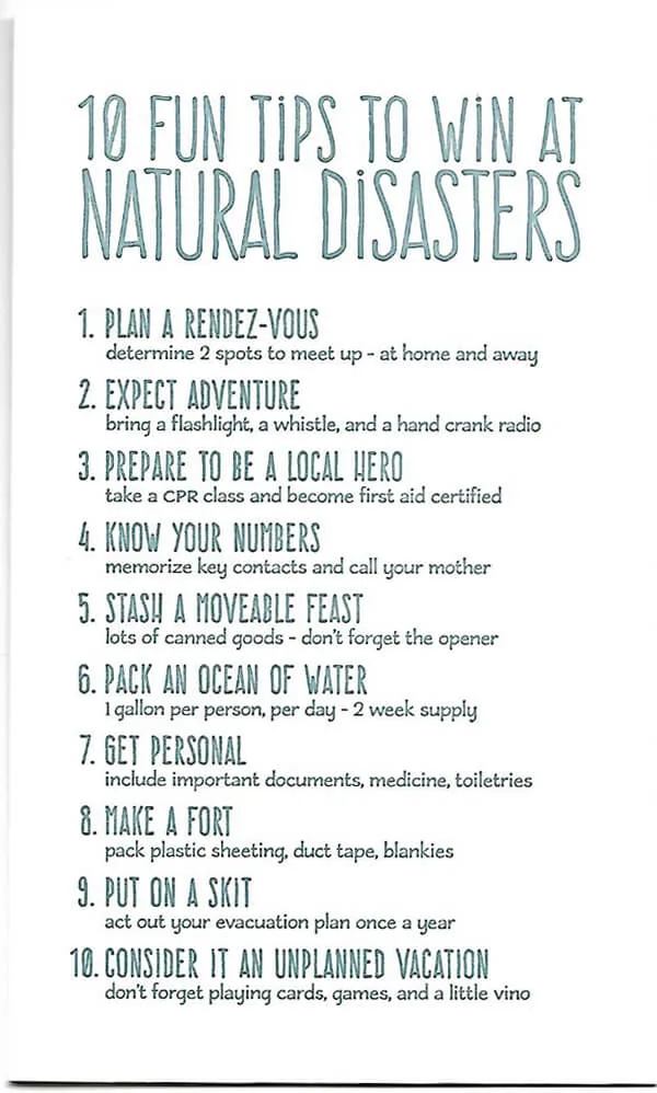 "10 fun tips to win at natural disasters" card