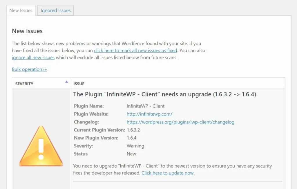 A WordFence out-of-date plugin warning