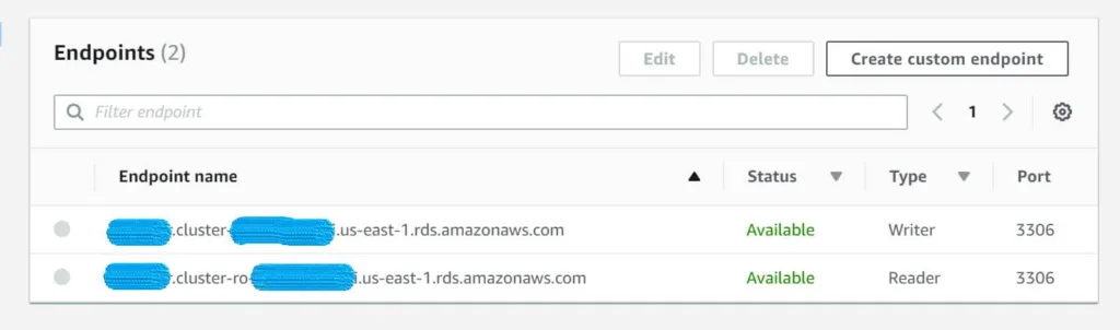 The endpoints section of the RDS admin panel