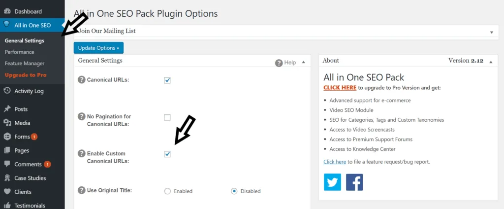 Where to find All-in-One SEO's custom canonical URL setting