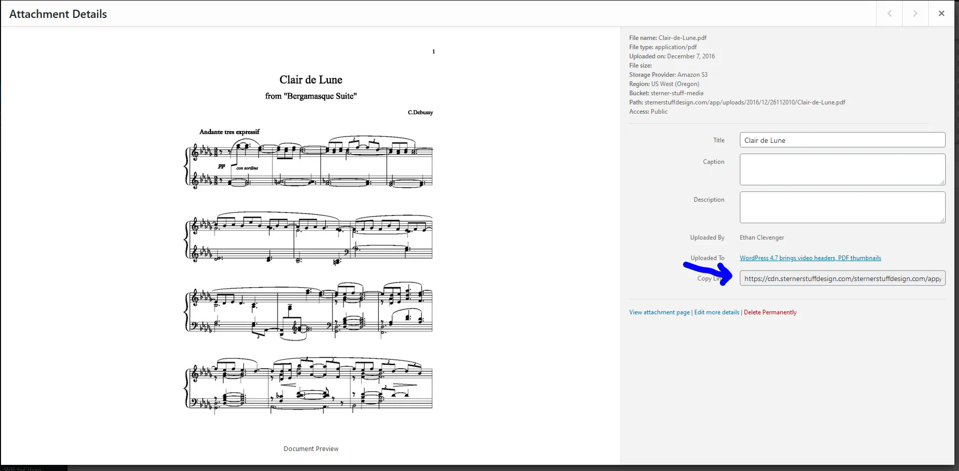 The WordPress media popup with details about the file, including a direct link.