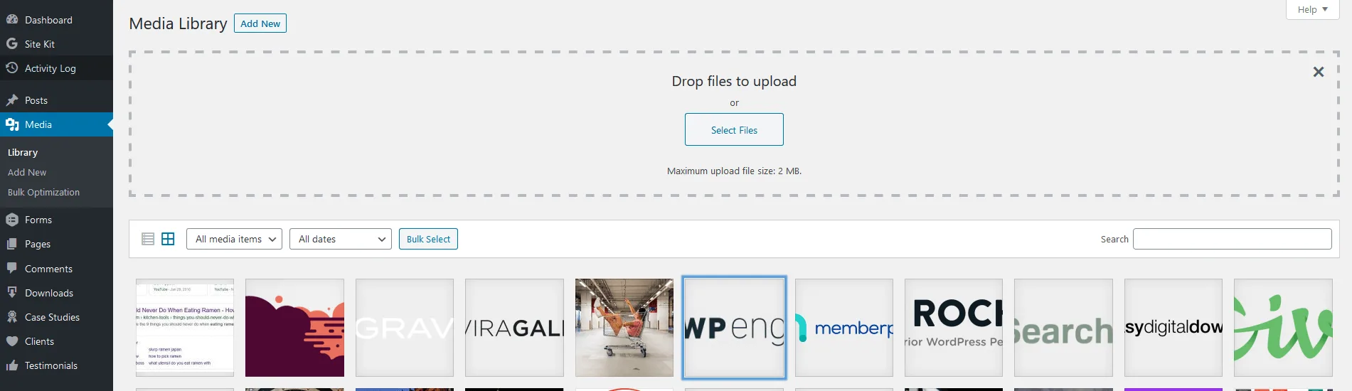 The "upload" portion of the WordPress media library, where you might drop a file you want to share.